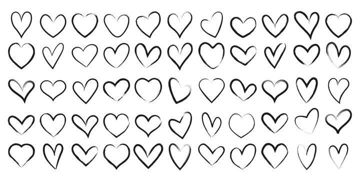 Set of hearts of different shapes drawing with a brush