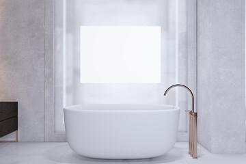 Modern light concrete minimalistic bathroom interior with white bathtub and mock up banner on wall. 3D Rendering.
