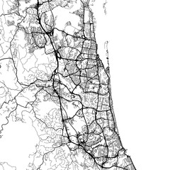 Obraz premium 1:1 square aspect ratio vector road map of the city of Gold Coast in Australia with black roads on a white background.
