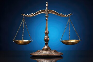 metal scale of justice against a blue backdrop