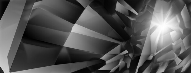 Abstract crystal background in black and gray colors with highlights on the facets and refracting of light - obrazy, fototapety, plakaty