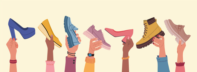 Diverse multiracial hands holding modern shoes different models and colors. Hand drawn vector illustration isolated on brown background. Flat cartoon style. - obrazy, fototapety, plakaty