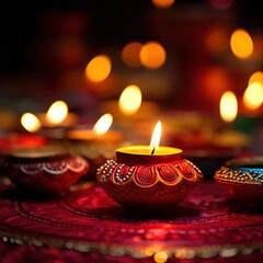 Happy Diwali! Clay Diya lamps are illuminated during the celebration of Diwali, the Hindu festival of lights.