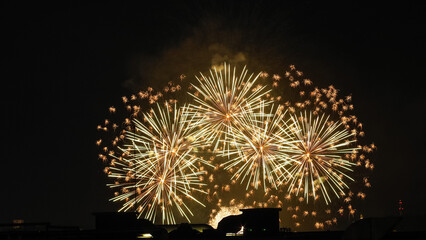 Feu d'artifice lancé dans le centre-ville de Bordeaux, pendant le 14 Juillet