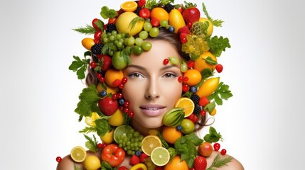 beautiful lady with different fruits and vegetables on her head. amazing pretty toothy smiling woman isolated white background.