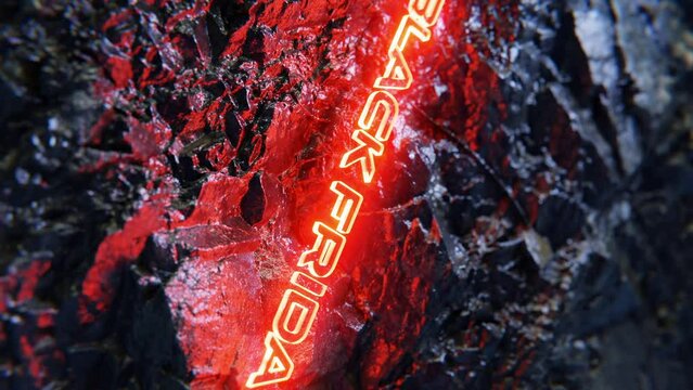 Neon red glowing Black Friday sign in dark jagged background, vertical 3D render