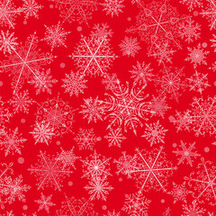 Naklejka na ściany i meble Christmas seamless pattern of beautiful complex white snowflakes on red background. Winter illustration with falling snow