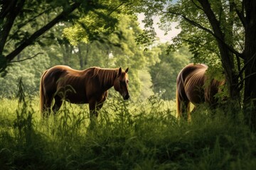Fototapeta premium two horses grazing side-by-side in a lush pasture