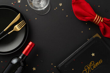 Upscale dining venue New Year's sales theme. Top view photograph of dishes, gold cutlery, red...