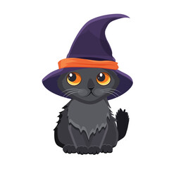 Halloween vector cartoon character. Black cat in a witch hat.