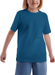 Blue T-shirt mockup on a girl in jeans, png, front view