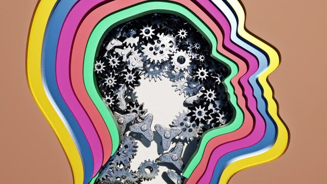 Human Head Silhouettes And Gears Working, Animation.Full HD 1920&times;1080. 05 Second Long.