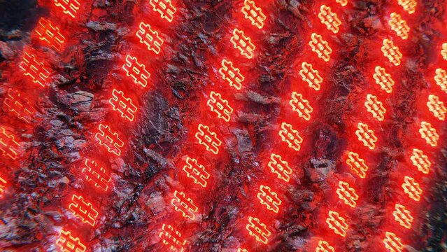 Rows of yellow hashtags glowing red, 3D render, social media strategy. Vertical