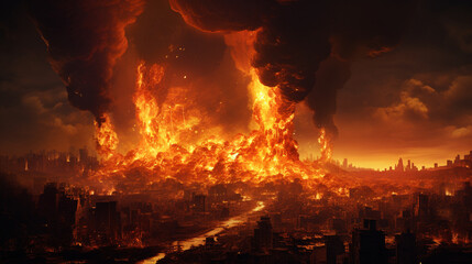 都市に発生した巨大な炎の竜巻 - obrazy, fototapety, plakaty