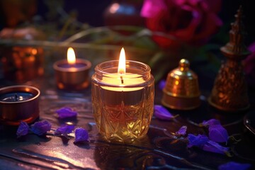 close-up of a candle burning with essential oils beside it