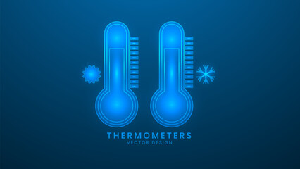 Thermometers with heat and cold levels. Medical thermometer. Vector illustration with light effect and neon