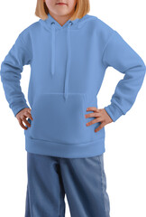 Mockup of a light blue hoodie with a pocket on a girl in jeans, png, front view