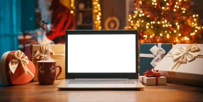 Blank laptop and Santa Claus bringing gifts - Powered by Adobe
