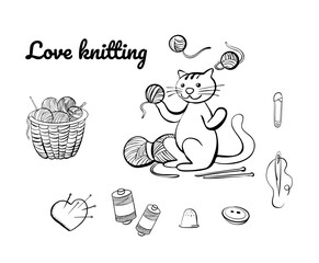 Crochet doodle illustration, wool yarn ball, hook, skein, button, pin, needle and thread. Hand drawn cute line art about handmade. Drawing for coloring. knitting doodle.