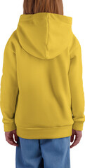 Mockup of a yellow hoody with a pocket for a girl in jeans, png, back view