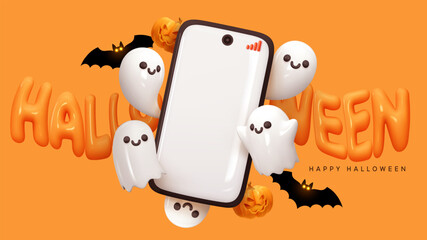 Happy Halloween day. Mobile phone with blank white screen. Smartphone template for advertising banner for Halloween with Pumpkin and ghosts. Realistic 3d design in plastic style. Vector illustration