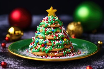christmas tree cookie with green icing and colorful sprinkles - Powered by Adobe