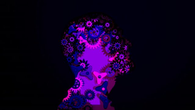 Human Head Silhouette And Gears Working With Together Deep Neo, Animation.Full HD 1920×1080. 05 Second Long.