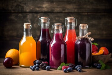 Bottles with fruit and berry juices on vintage wooden backdrop. Generative AI