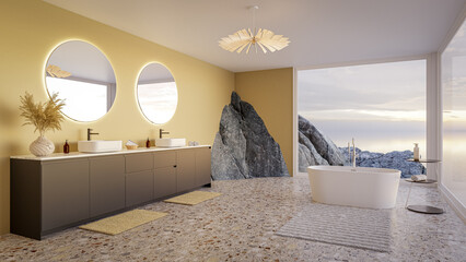 Luxury bathroom with a rock as wall and floating on the sea - 3D render