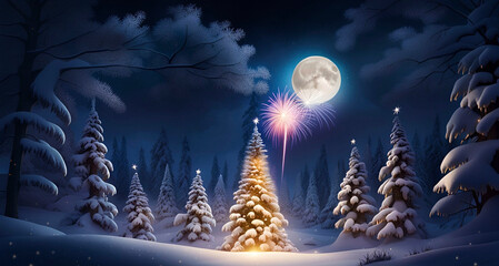 Fantasy winter landscape with snowy fir trees and big full moon. - obrazy, fototapety, plakaty