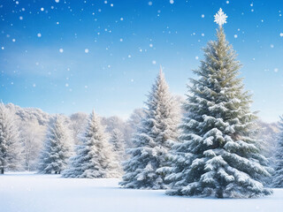 Fototapeta na wymiar Winter landscape with snowy fir trees and snowflakes. Christmas background.