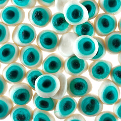Texture of randomly scattered gelatin candies made in the form of blue eyes.