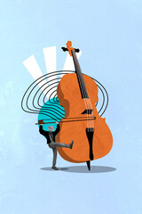 Vertical 3d collage image of talented guy playing huge violin playing melody jazz orchestra...