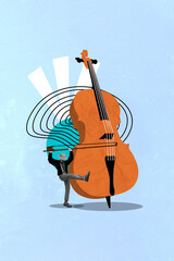 Vertical 3d collage image of talented guy playing huge violin playing melody jazz orchestra isolated on drawing background © deagreez
