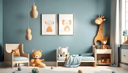 Cute children's room interior background, empty poster frame and other furniture.