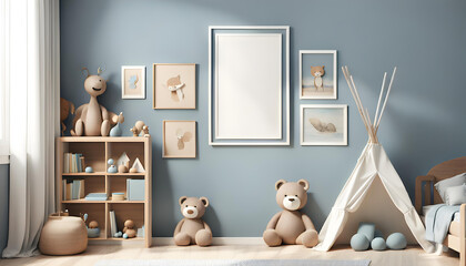 Cute children's room interior background, empty poster frame and other furniture.