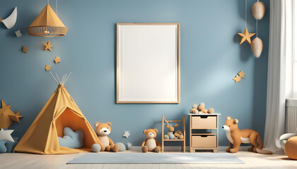 Cute children's room interior background, empty poster frame and other furniture. - obrazy, fototapety, plakaty