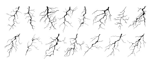 Lightning strike bolt silhouettes vector illustration set. Black thunderbolts and zippers are natural phenomena isolated on a white background. Thunderstorm electric effect of light and shining flash. - obrazy, fototapety, plakaty