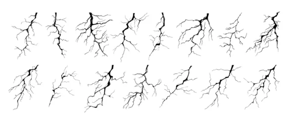 Tuinposter Lightning strike bolt silhouettes vector illustration set. Black thunderbolts and zippers are natural phenomena isolated on a white background. Thunderstorm electric effect of light and shining flash. © Konstantin