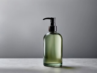 green pump bottle of cosmetics on a gray background. Bath accessories for body care, spa skin care concept