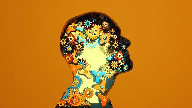 Human Head Silhouette And Gears Working With Together Orange