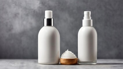 White bottles of cosmetics on a gray background. Bath accessories for body care, spa skin care concept