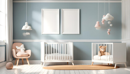 Cozy interior background of cute children's room, furniture including empty poster frame and crib.