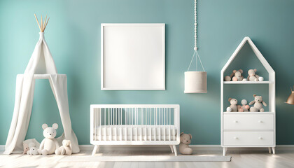 Cozy interior background of cute children's room, furniture including empty poster frame and crib.