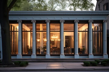 office exterior with antique columns and large glass windows