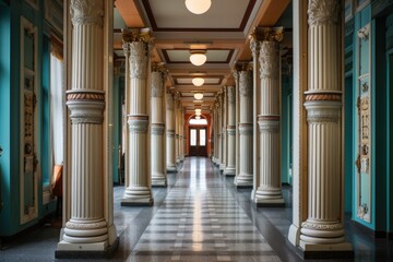 office building hallway lined with ornate antique columns