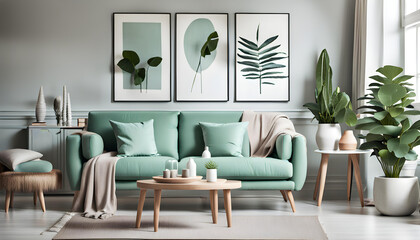 Simple interior design of a modern living room with a mint fabric sofa and cushions and a poster frame