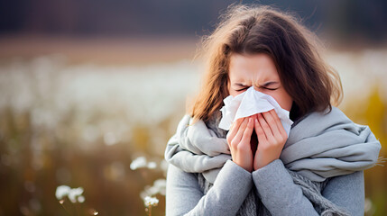 Woman sneezing into a paper tissue. Concept of allergies, colds and getting sick. Shallow field of view with copy space.