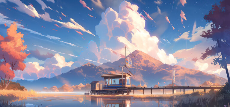 Beautiful aumtumn season landscape with beautiful sky in digital art painting style 