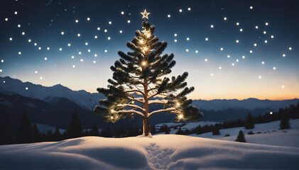 A white, snowy landscape with a lone pine tree adorned with fairy lights, casting a soft glow against the serene night sky